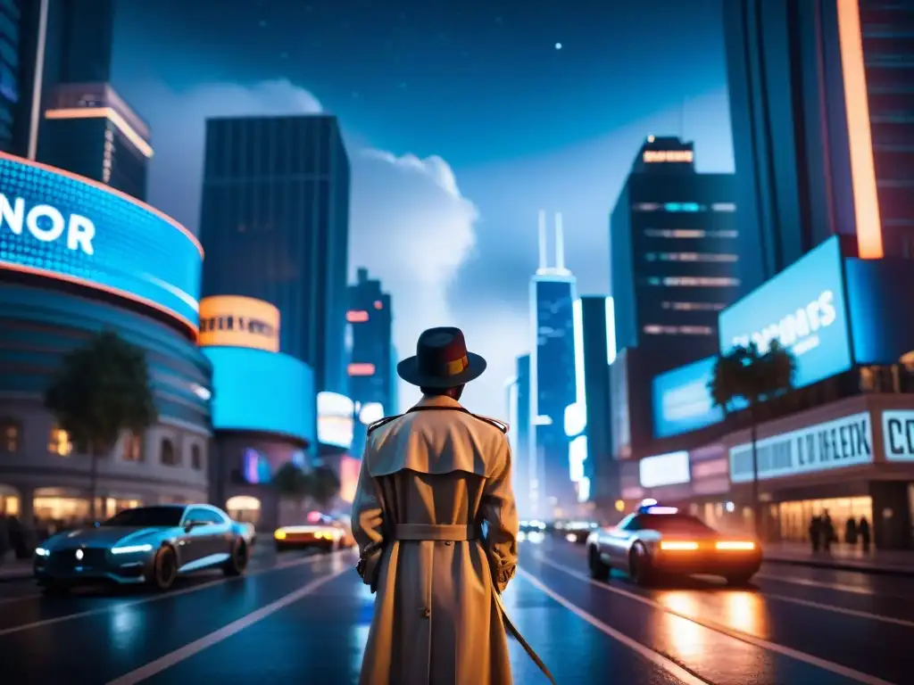 Un detective como héroe en cine, contemplando una ciudad futurista bajo un cielo estrellado, con hologramas y autos voladores