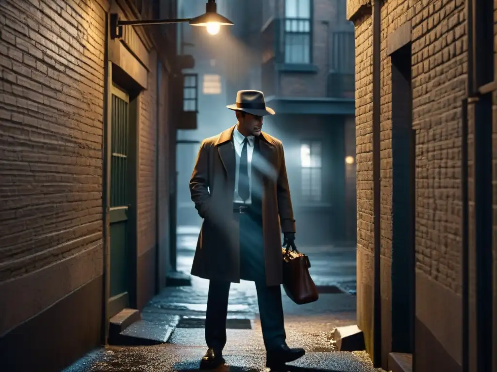 Un detective como héroe en cine, bajo la luz de la calle en un oscuro callejón urbano, investigando un mensaje