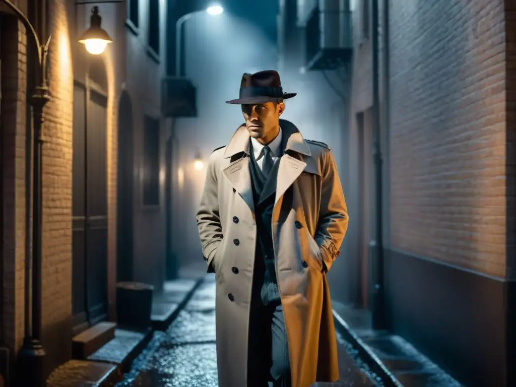Un detective como héroe en cine, bajo la luz de una farola en un oscuro callejón, creando un ambiente misterioso y lleno de suspense en blanco y negro