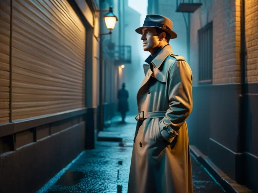 Un detective como héroe en cine, en un oscuro callejón de film noir bajo la lluvia