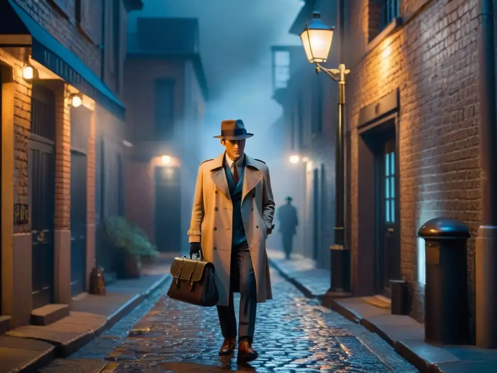 Un detective protege sus herramientas de investigación en un callejón oscuro