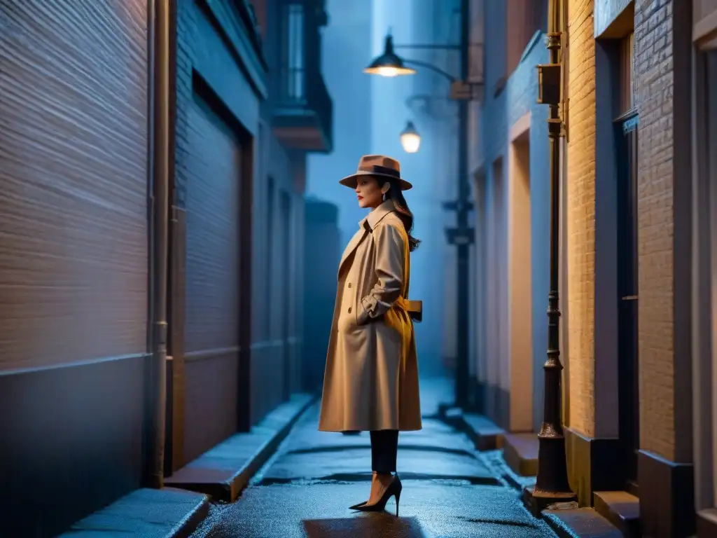 Detective hispana en misterioso callejón nocturno Una detective hispana en la noche, bajo la luz de una farola, resuelve un caso con elegancia y misterio