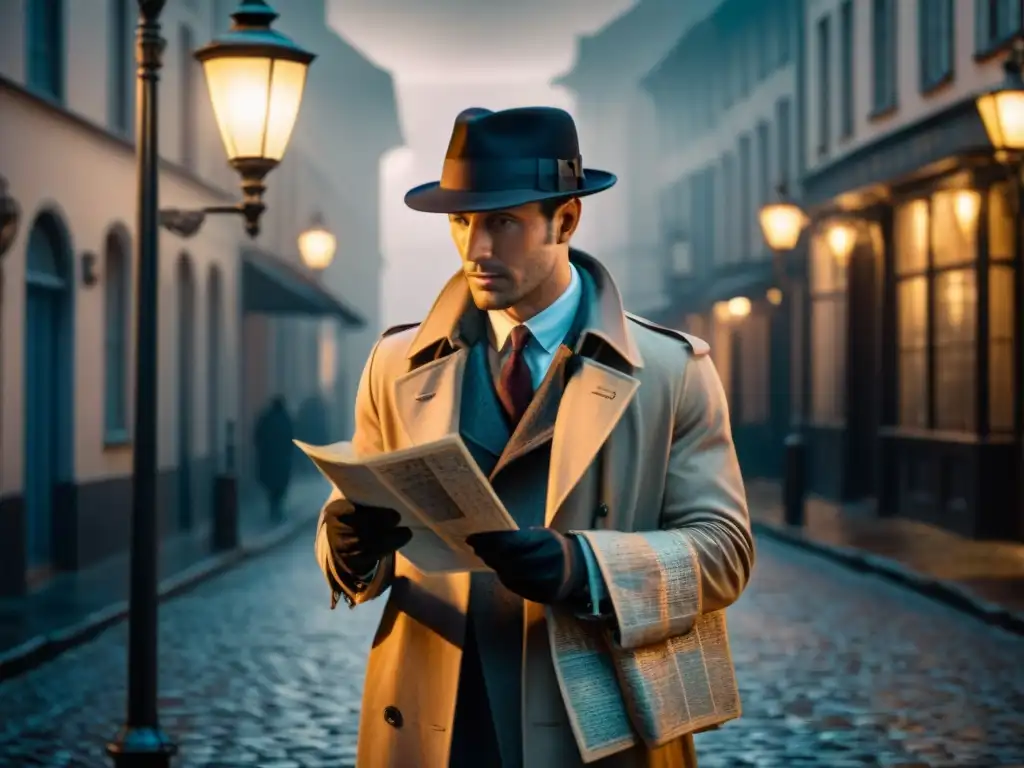 Detective misterioso examina mapa antiguo bajo farola en la niebla Un detective histórico en un callejón neblinoso examina un mapa
