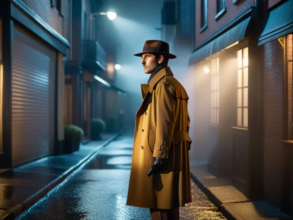 Un detective holístico al acecho en un callejón nocturno, evocando intriga y suspense a lo Dirk Gently