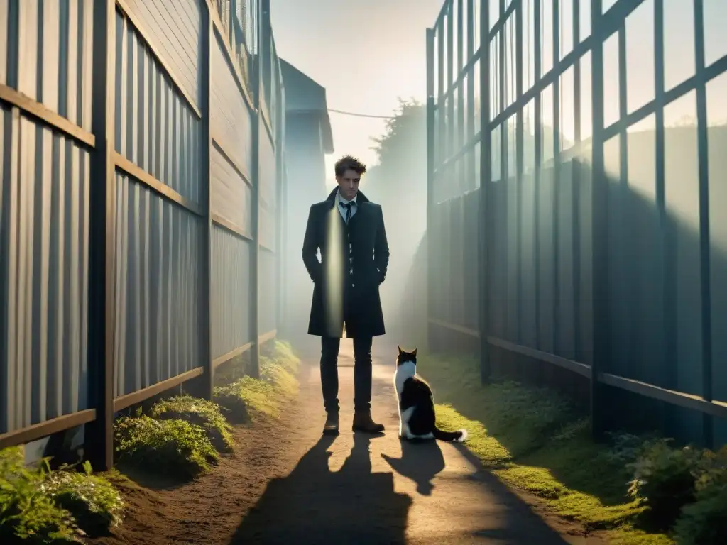 Un detective holístico Dirk Gently enigmático en una oscura callejuela con un gato