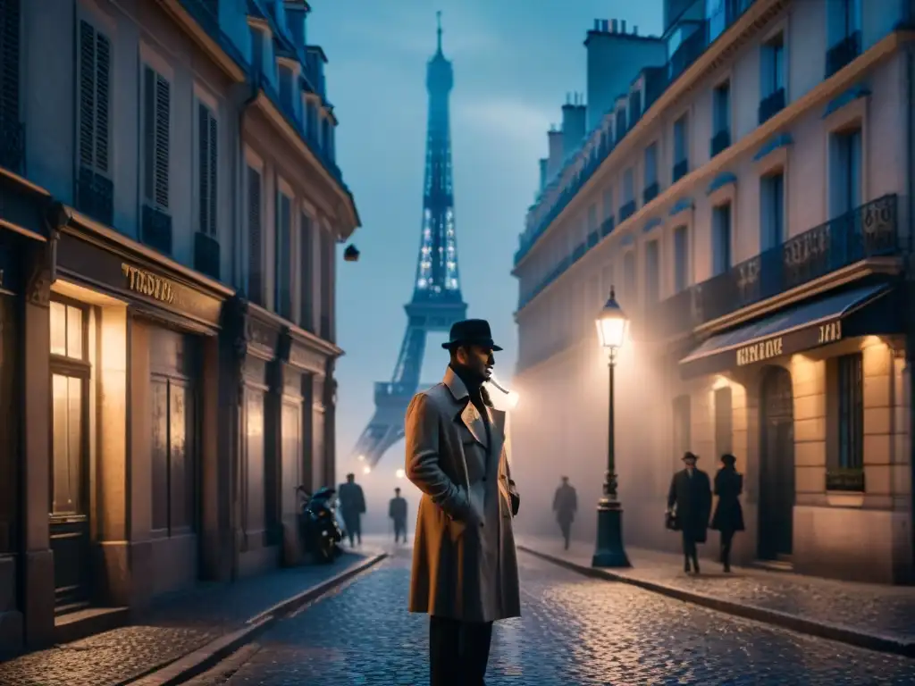 Un detective icónico fumando en un callejón parisino iluminado de noche, bajo la sombra de la torre Eiffel, para tours nocturnos detectives icónicos