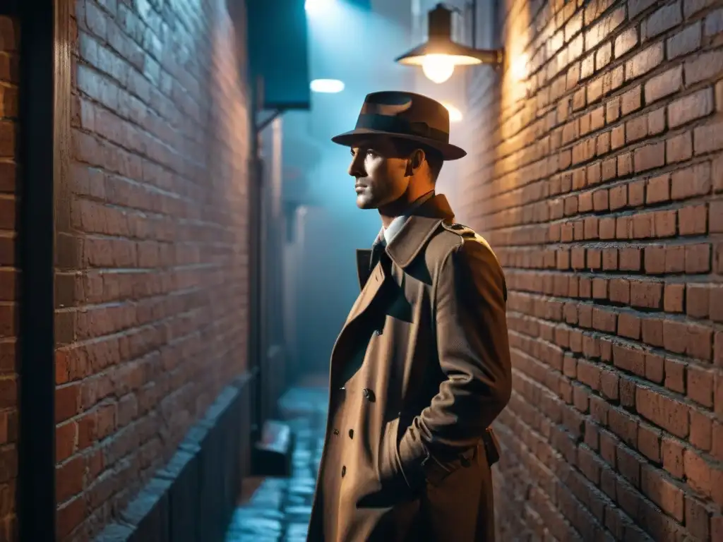 Un detective icónico en cine, en un callejón con estilo Film Noir, iluminado por la luz de una farola distante