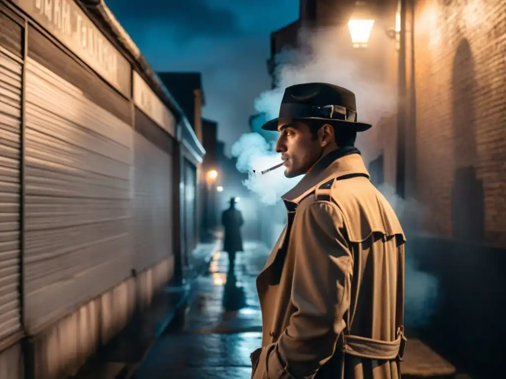 Detective icónico en cine fumando en callejón oscuro en blanco y negro