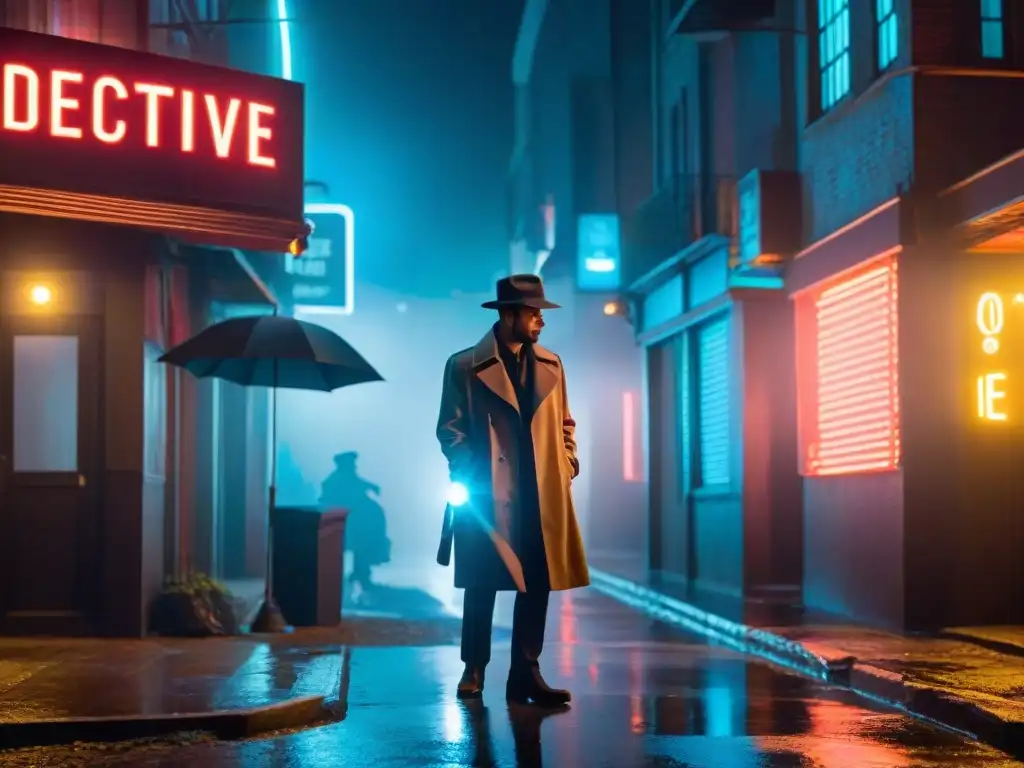 Un detective icónico de cine y televisión examina pistas en un callejón oscuro, bajo luces de neón