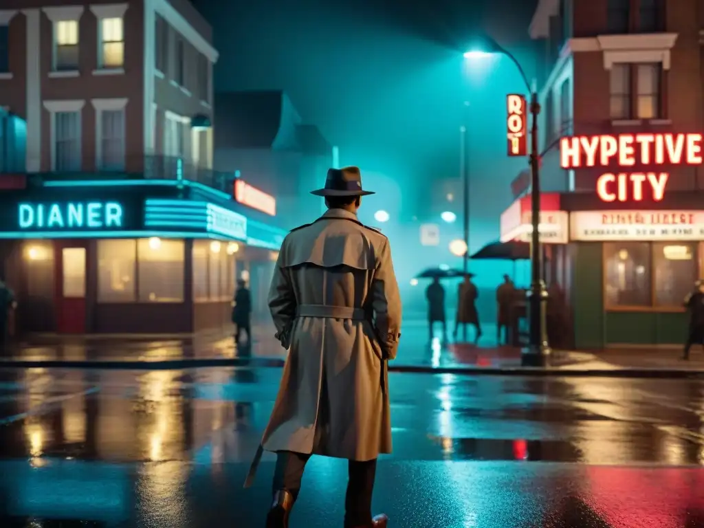 Un detective icónico en cine camina por una solitaria calle nocturna bajo la lluvia, en estilo Film Noir