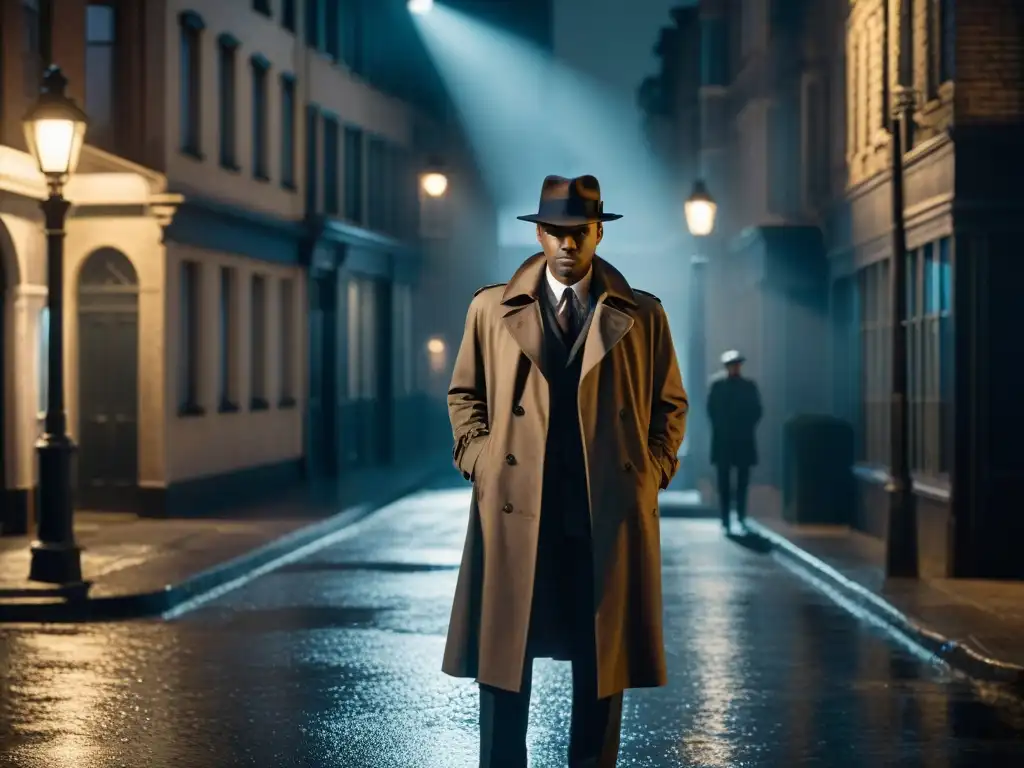 Un detective icónico en cine, con sombrero y gabardina, bajo una farola en la ciudad, en blanco y negro