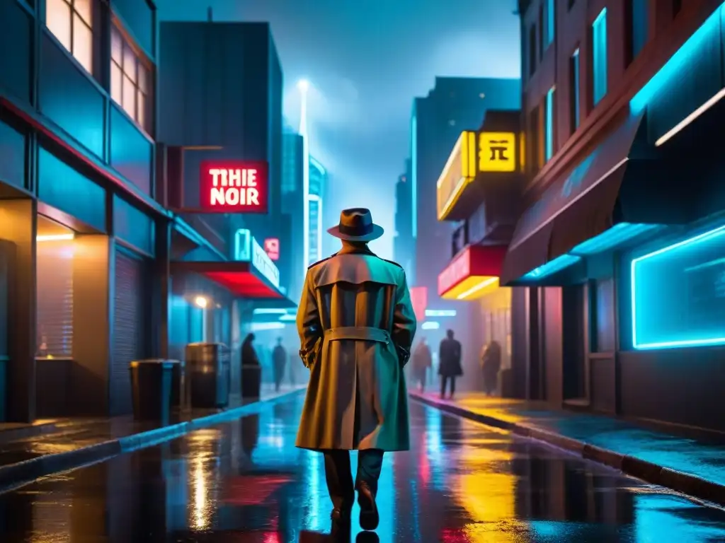 Un detective icónico de ciencia ficción contempla la ciudad futurista bajo la lluvia en un callejón sombrío