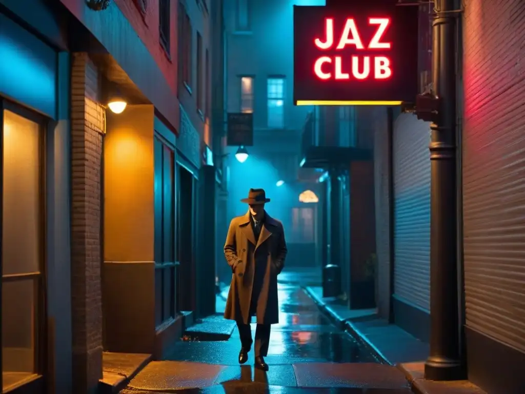 Un detective icónico en Noir Clásico, solitario bajo la luz de un callejón nocturno, reflejando neones de un club de jazz