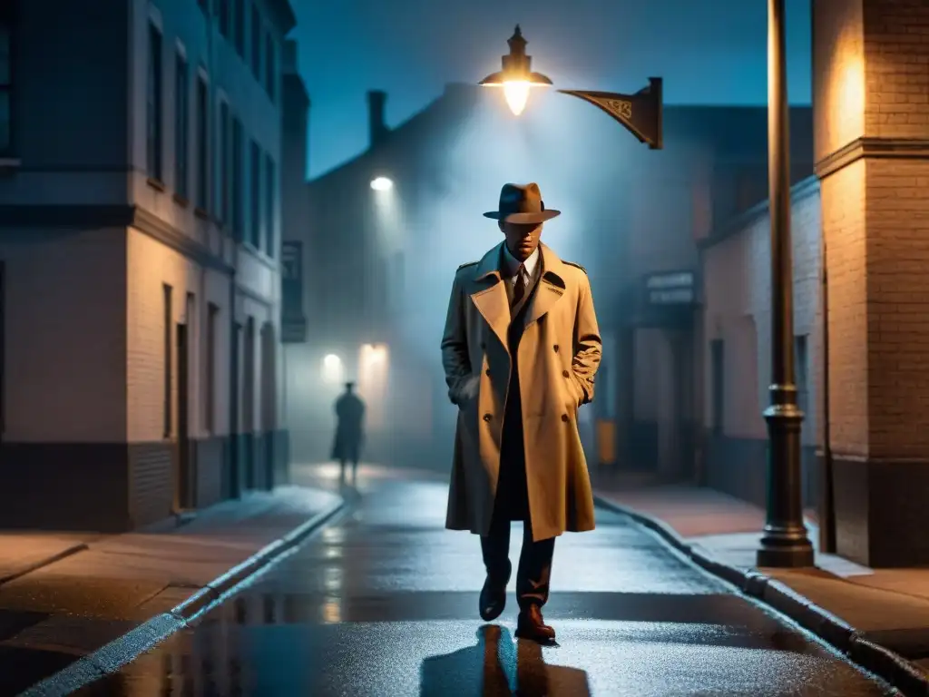 Un detective icónico en entretenimiento bajo la luz de una farola, en un callejón misterioso