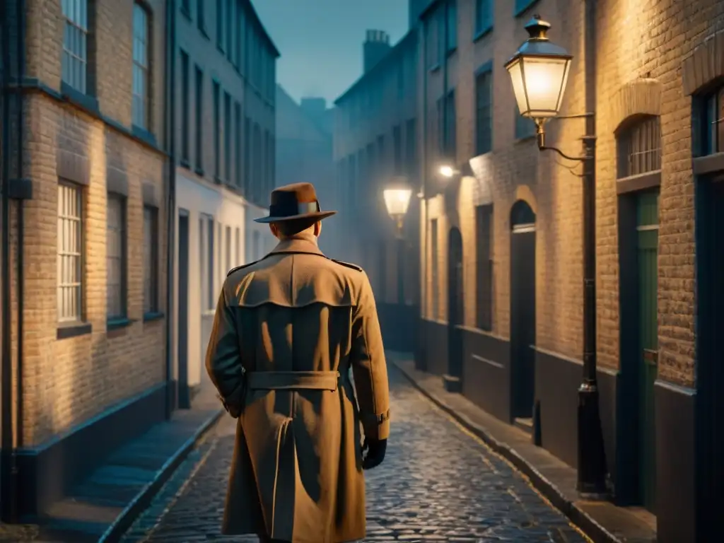 Un detective icónico del género, con trench coat y sombrero, en un callejón sombrío al estilo Peaky Blinders