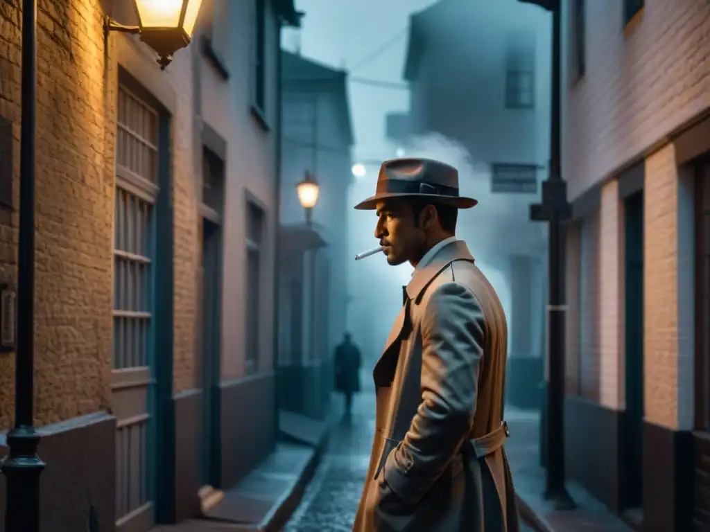 Detective icónico de la literatura de misterio en un callejón sombrío, añadiendo suspenso al estilo de Film Noir