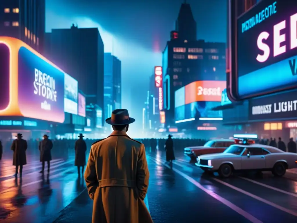 Un detective icónico de ciencia ficción se alza en la noche de neon de la ciudad futurista