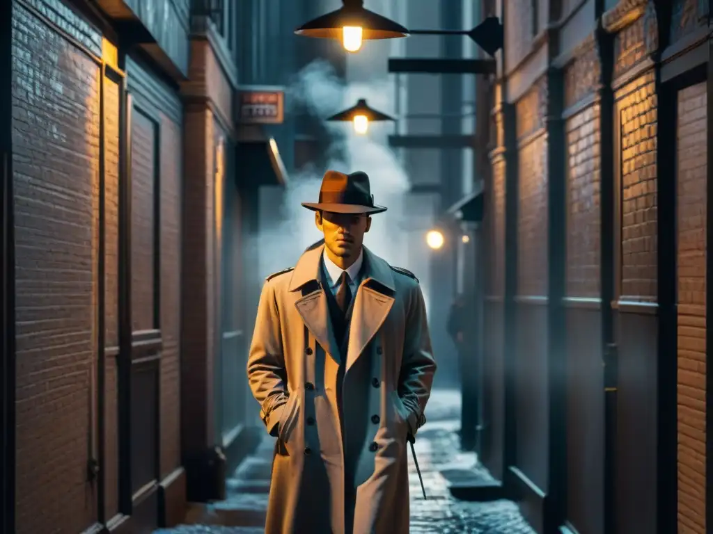 Un detective icónico en películas y series, en un callejón oscuro de blanco y negro, bajo una farola parpadeante