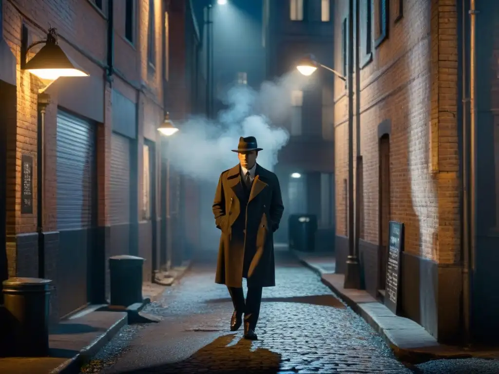 Un detective icónico en serie, fumando en un callejón con sombras y un coche vintage al fondo, crea un ambiente de Film Noir