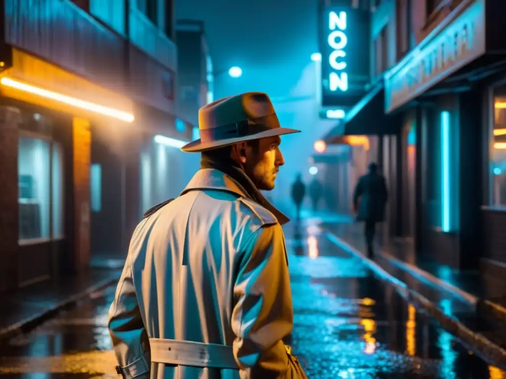 Un detective innovador en un callejón oscuro de noche, bajo la lluvia, con un gadget de defensa de alta tecnología