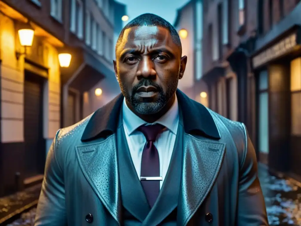 El detective Luther, interpretado por Idris Elba, en un callejón lluvioso y sombrío