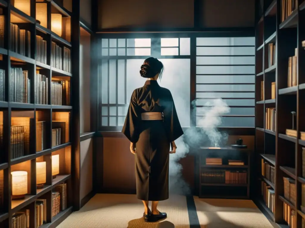 Detective japonés en kimono en habitación sombría con libros antiguos