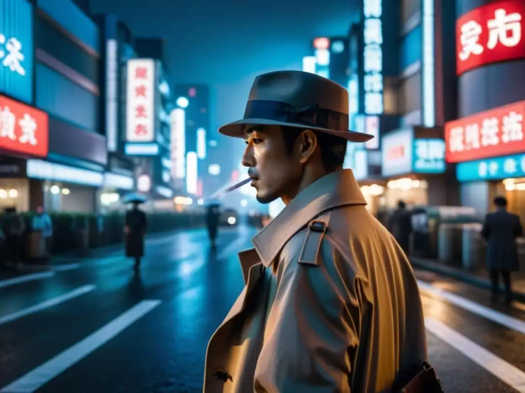 Detective japonés en serie, bajo la lluvia de Tokio, con luces de neón y sombras dramáticas