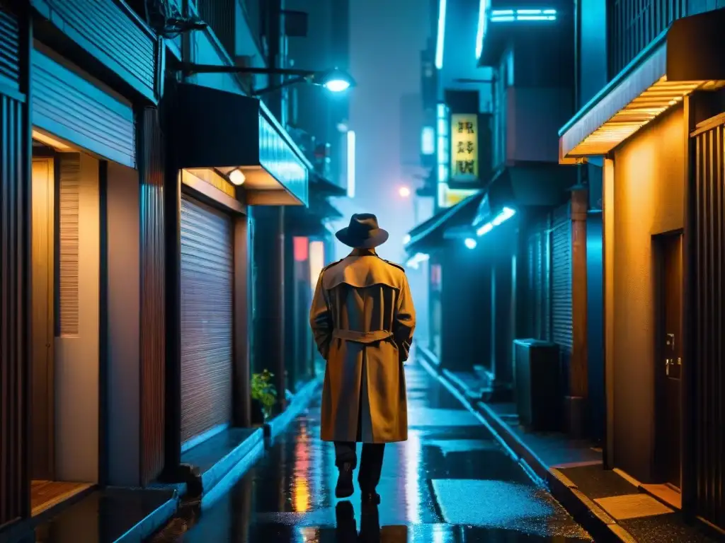 Detective japonés en serie, en un oscuro callejón de Tokio por la noche, iluminado por letreros de neón