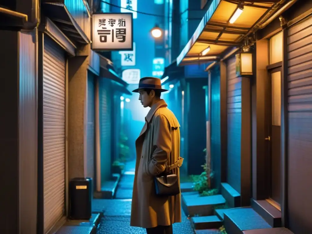 Un detective japonés en series, recorriendo un oscuro callejón de Tokio de noche, bajo la luz de un letrero de neón