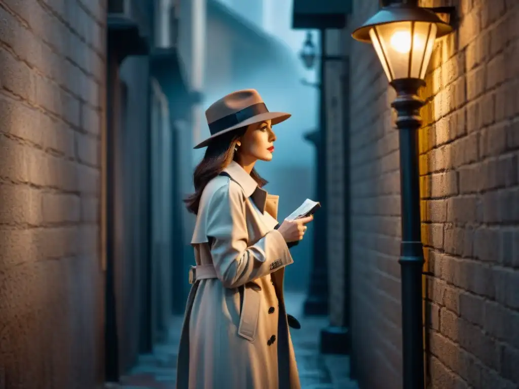 Una detective literaria en pantalla, elegante bajo una farola en un callejón neblinoso, examina una pista con una lupa