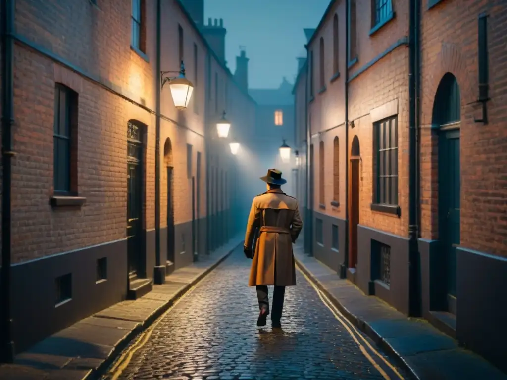 Un detective literario en Dublín, bajo la luz de una farola en callejón misterioso