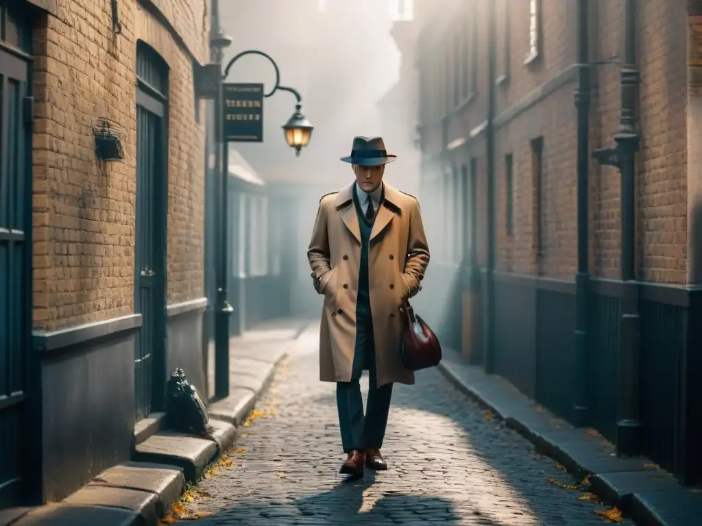 Detective literario en Dublín examinando una pista misteriosa en un callejón sombrío