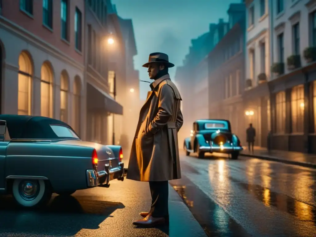 Un detective fumando bajo la lluvia en una calle oscura, iluminada por una farola