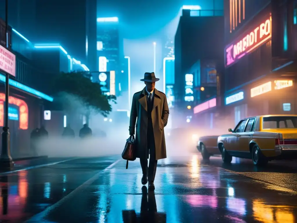 Un detective en la lluvia de una calle oscura, con luces neón de una ciudad retrofuturista