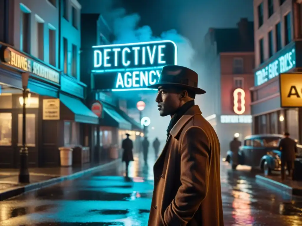 Un detective en la lluvia de la ciudad, bajo neón 'Detective Agency', evocando el cine noir