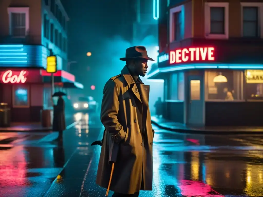 Un detective en la lluvia de la ciudad de noche, junto a un letrero de 'Agencia de Detectives'