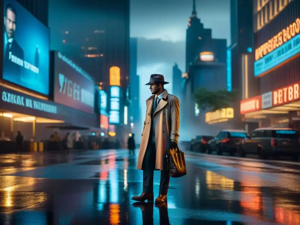 Un detective en la lluvia de la ciudad, pistas y misterio bajo neón