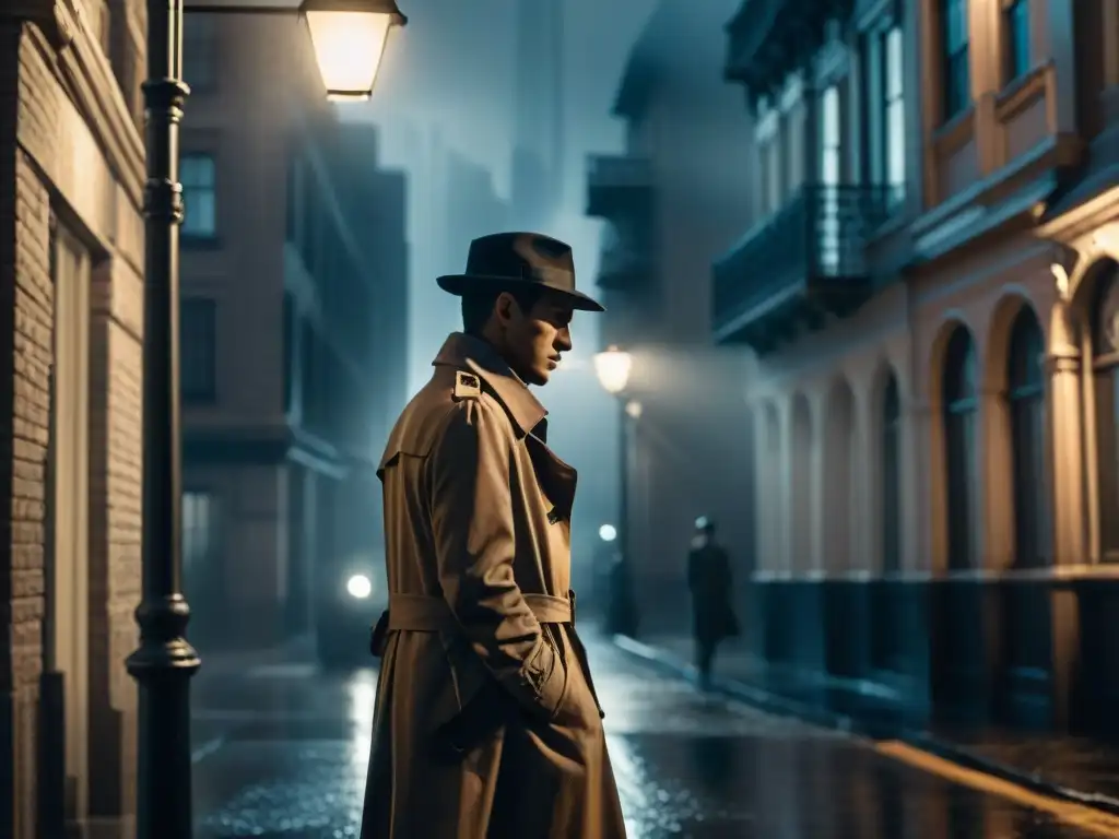 Detective misterioso bajo la lluvia en la ciudad nocturna Un detective en la lluvia de la ciudad, con sombrero y gabardina, evocando misterio y determinación