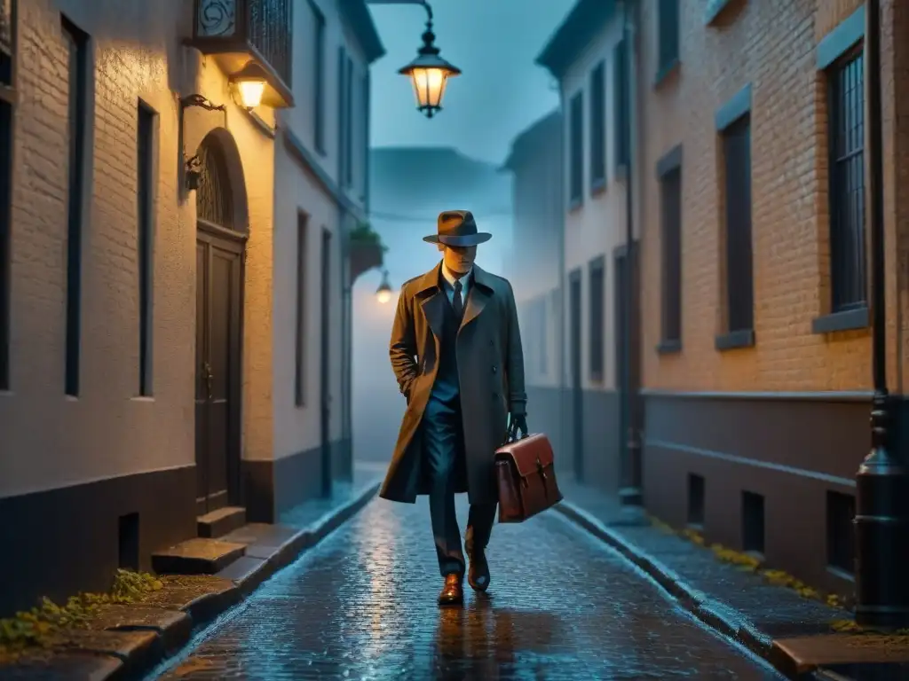 Un detective en la lluvia, protegiendo herramientas de investigación en un callejón oscuro