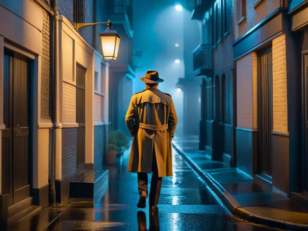 Un detective en la lluvia, iluminado por una tenue farola