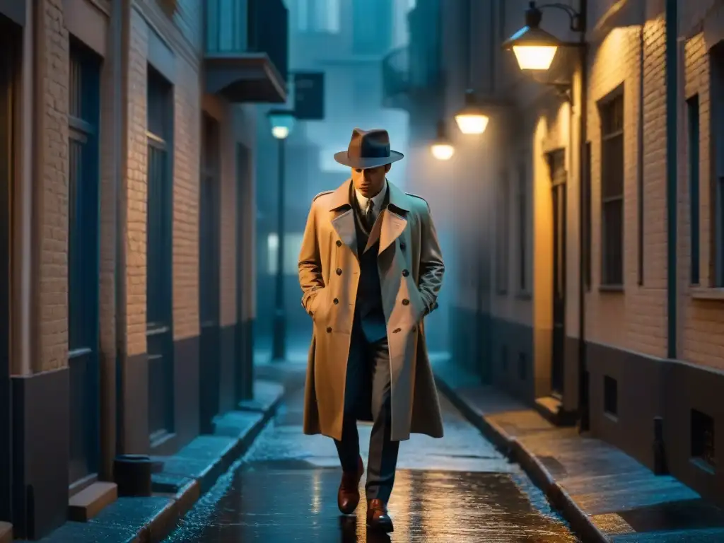 Un detective en la lluvia, bajo la luz de la farola, fumando un cigarrillo