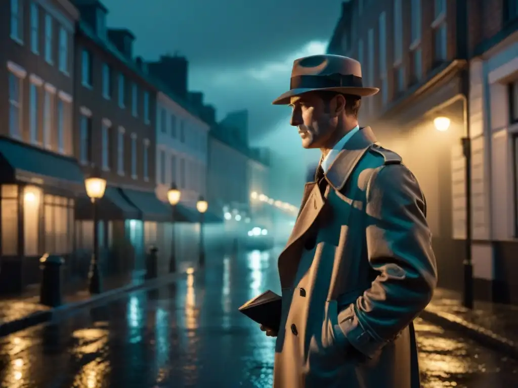 Un detective en la lluvia, bajo la luz de una farola, listo para resolver el misterio