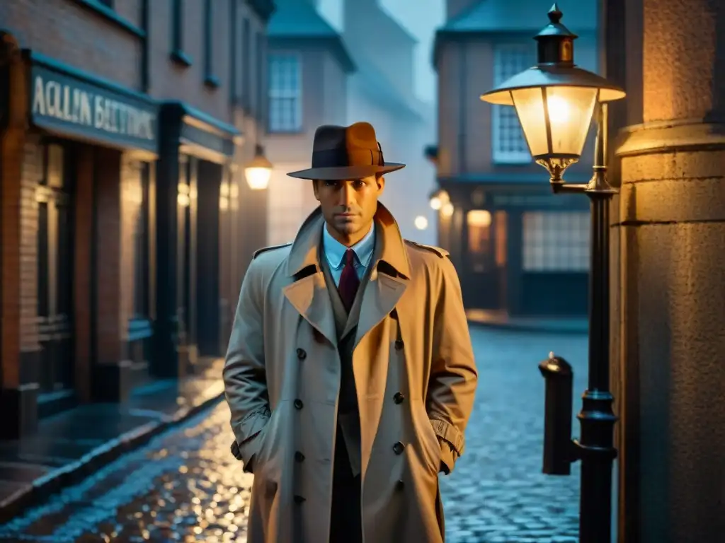 Detective misterioso bajo farola en noche lluviosa Un detective en la lluvia, bajo la luz de una farola, en un callejón oscuro