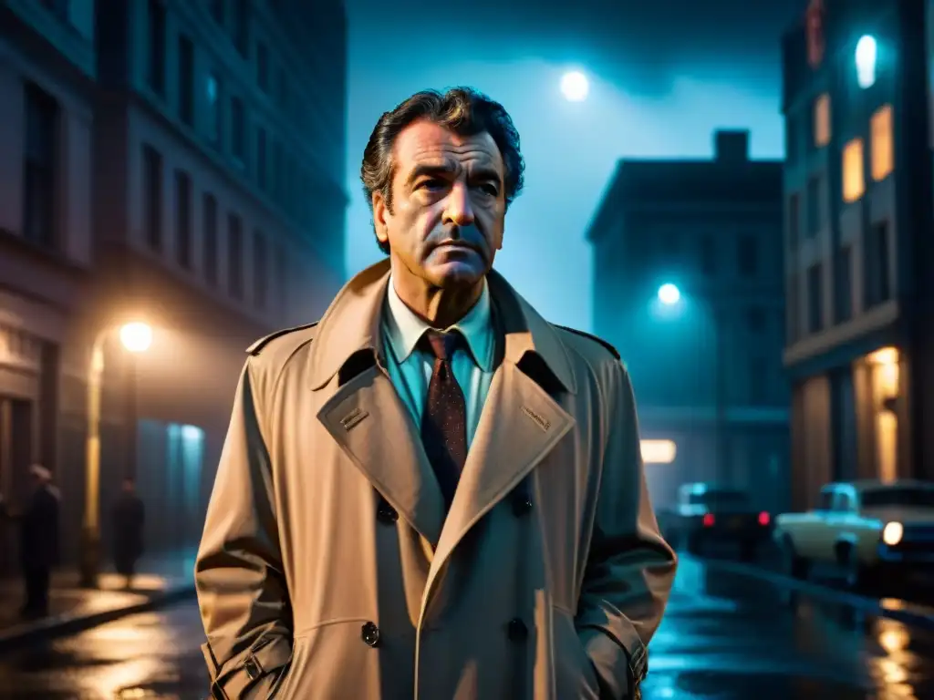 Detective Columbo en la lluvia, bajo la luz de la farola, reflejando la esencia de los perfiles psicológicos detectives cine televisión