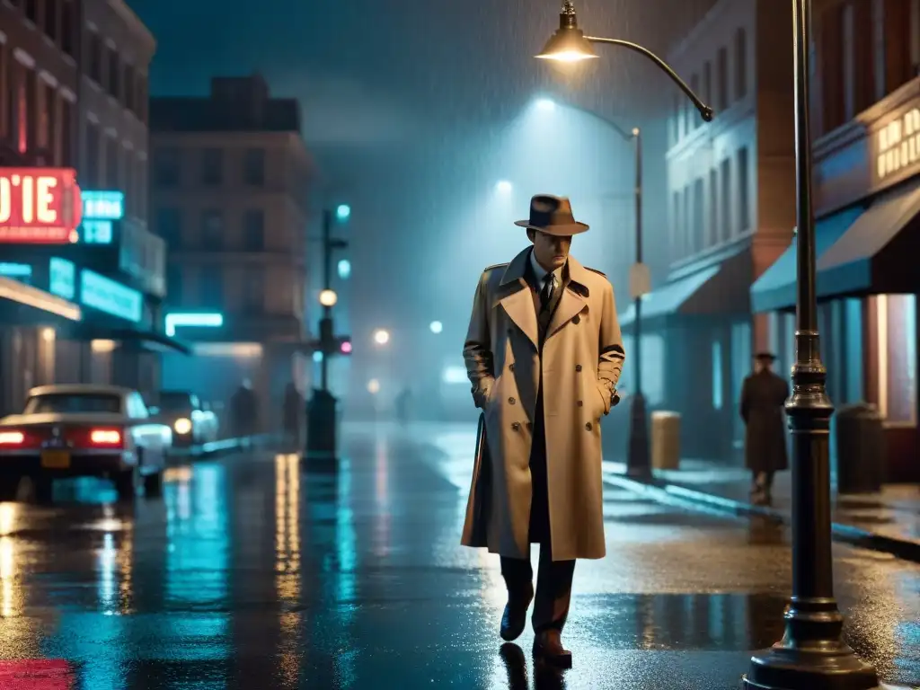 Un detective en la lluvia, bajo la luz de la farola y la ciudad al fondo; evolución del género detectives en cine y televisión