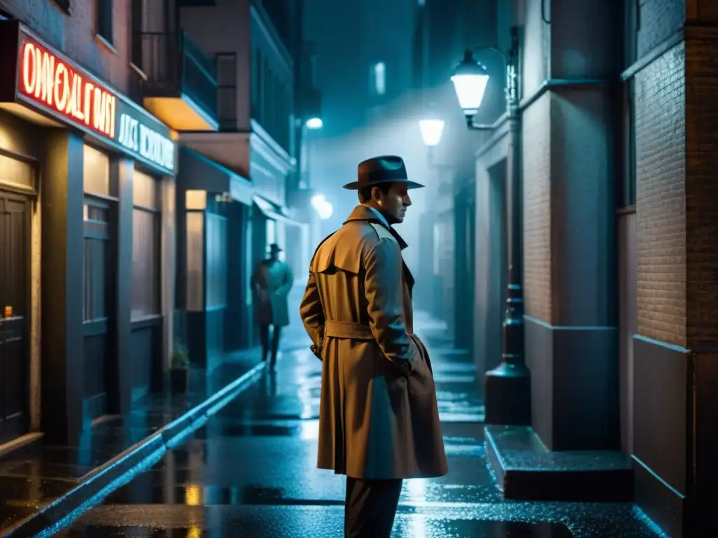 Un detective en la lluvia, bajo la luz de un letrero de neón, en un callejón oscuro