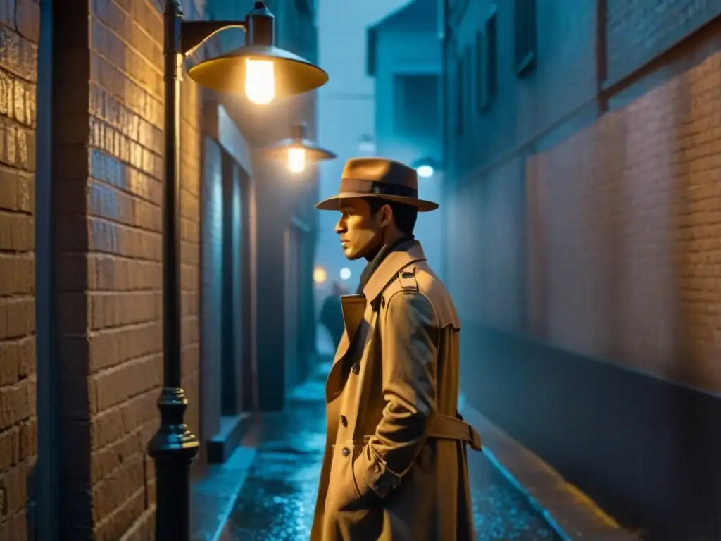 Detective en la lluvia, bajo la luz tenue de un callejón