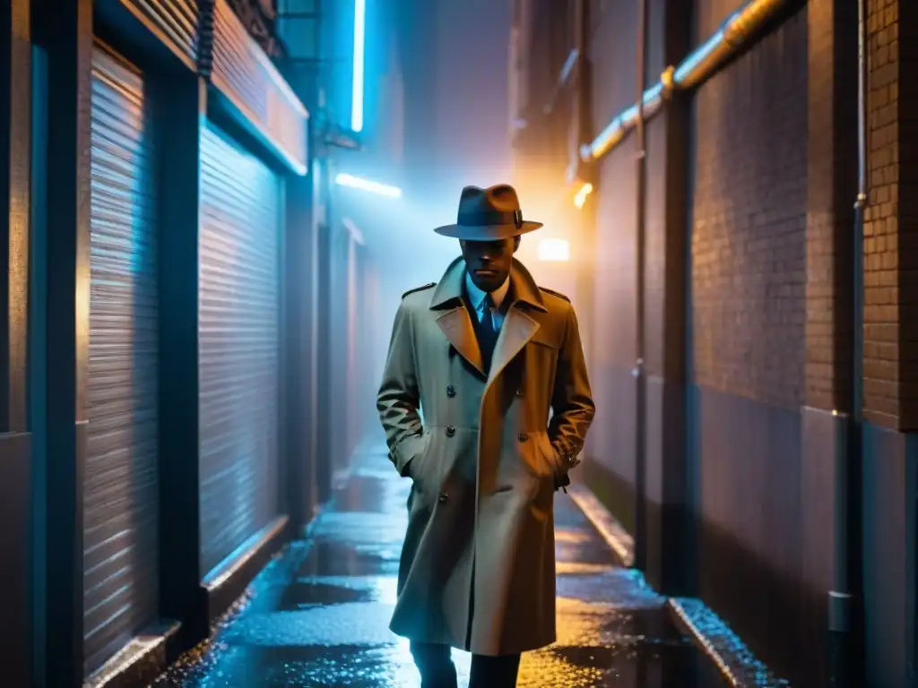 Detective del futuro: Silueta en callejón con lluvia y neón Un detective en la lluvia, cámara en mano, en un callejón iluminado por neón