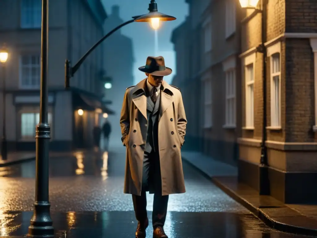 Detective en la lluvia, misterio bajo farola