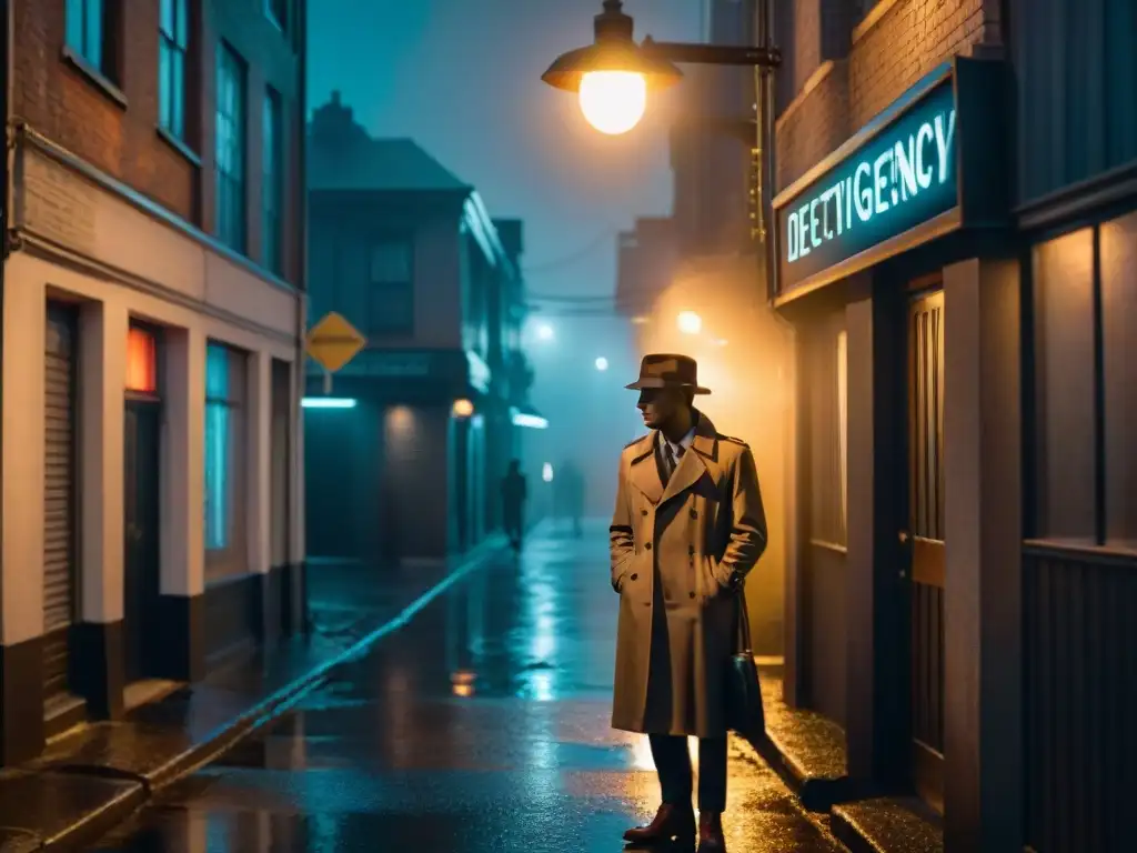 Escena de cine negro en un callejón lluvioso Un detective en la lluvia, bajo neón, reflejando justicia y moralidad en detectives